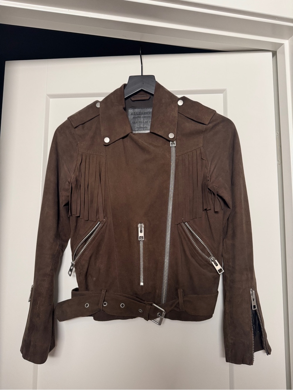 All Saints Balfern Brown Suede Fringe Moto Jacket - size 2